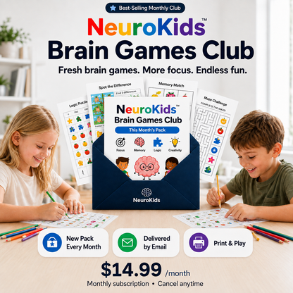 NeuroKids™ Brain-Games-Club: jeden Monat neue ausdruckbare Denkspiele.