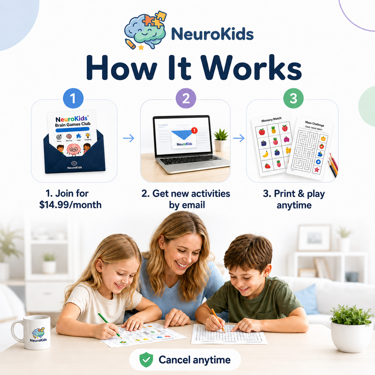 NeuroKids™ Brain-Games-Club: jeden Monat neue ausdruckbare Denkspiele.