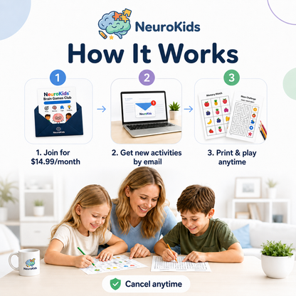 NeuroKids™ Brain-Games-Club: jeden Monat neue ausdruckbare Denkspiele.