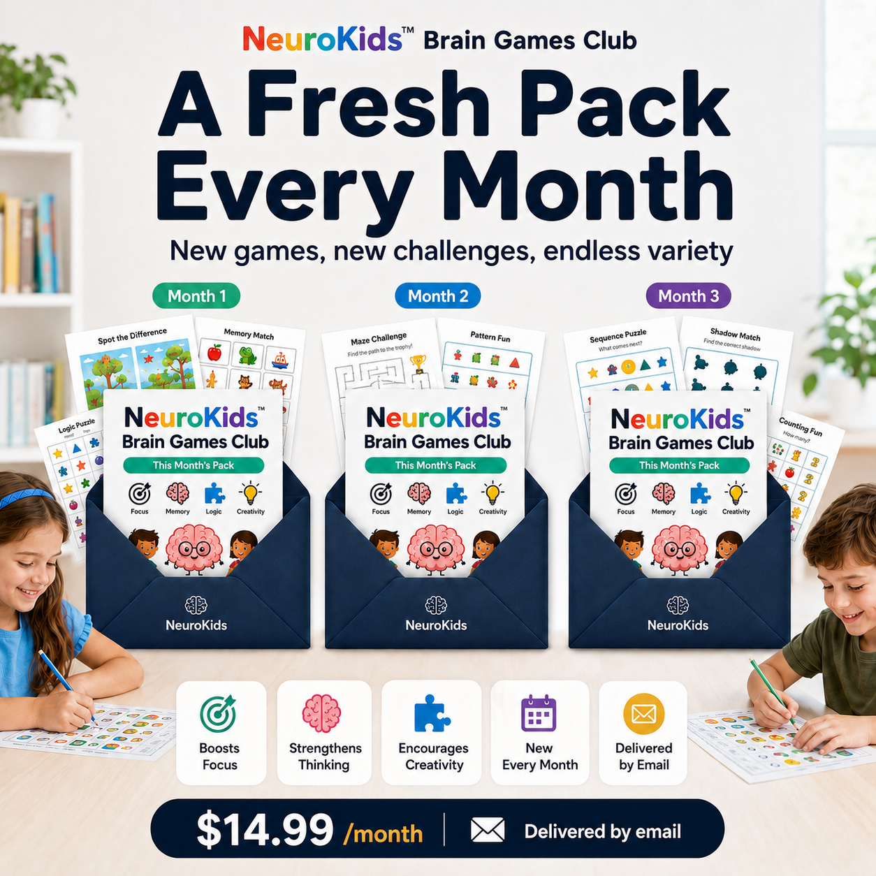 NeuroKids™ Brain-Games-Club: jeden Monat neue ausdruckbare Denkspiele.
