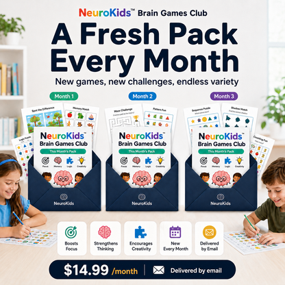 NeuroKids™ Brain-Games-Club: jeden Monat neue ausdruckbare Denkspiele.