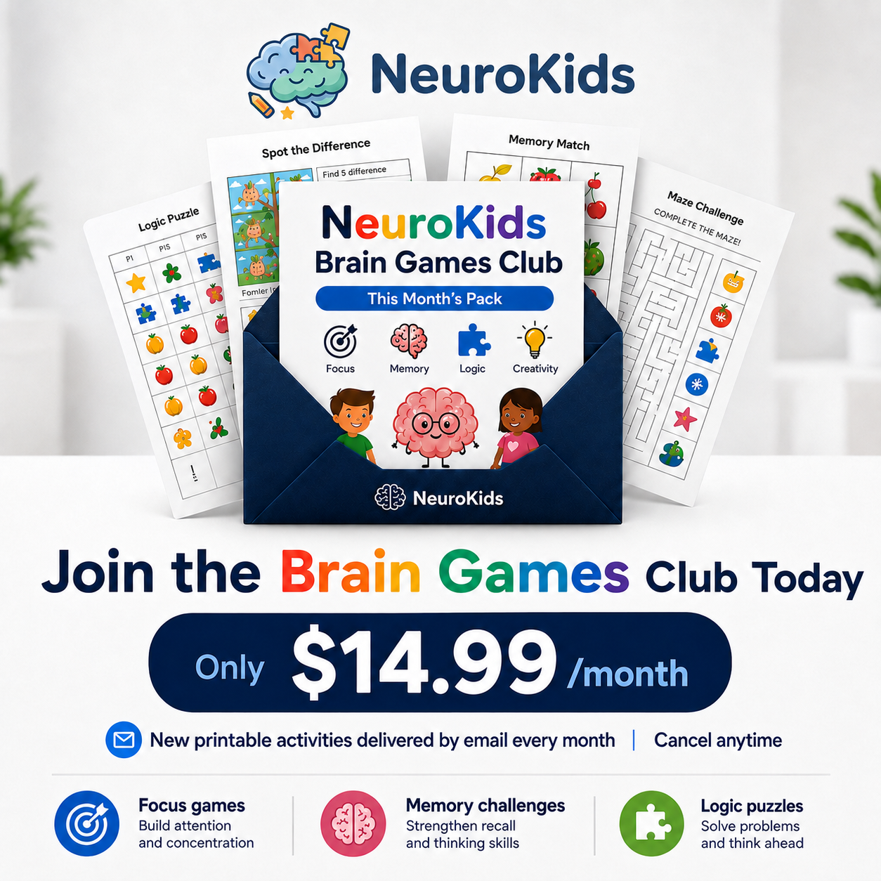 NeuroKids™ Brain-Games-Club: jeden Monat neue ausdruckbare Denkspiele.