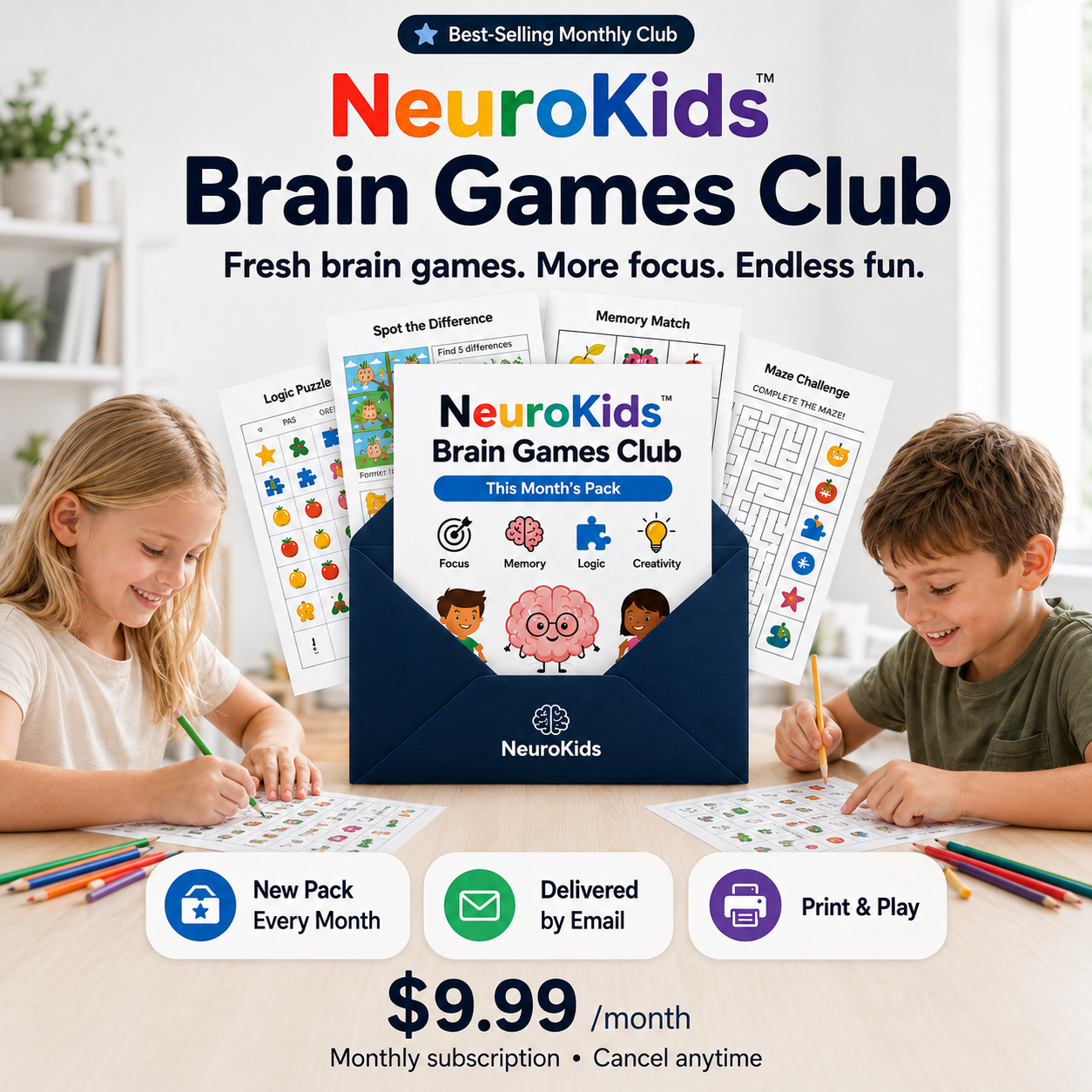NeuroKids™ Brain-Games-Club: jeden Monat neue ausdruckbare Denkspiele.