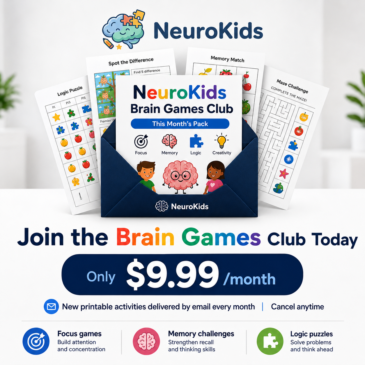 NeuroKids™ Brain-Games-Club: jeden Monat neue ausdruckbare Denkspiele.