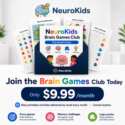 NeuroKids™ Brain-Games-Club: jeden Monat neue ausdruckbare Denkspiele.