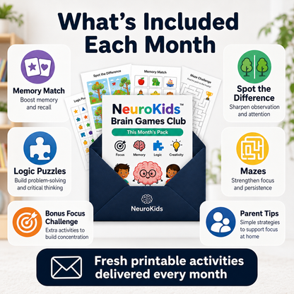 NeuroKids™ Brain-Games-Club: jeden Monat neue ausdruckbare Denkspiele.