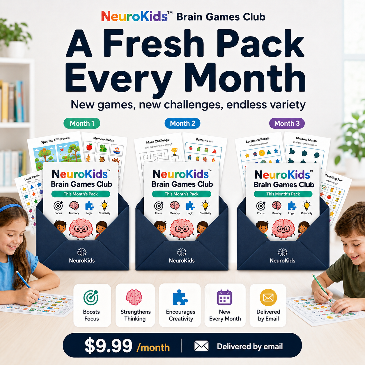 NeuroKids™ Brain-Games-Club: jeden Monat neue ausdruckbare Denkspiele.